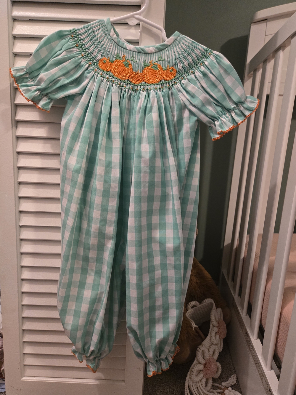 Girls Green Gingham Smocked One-Piece with Orange Pumpkin Embroidery